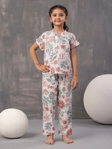 Multi Flower and Leaf Printed Cotton Kids Night Suits