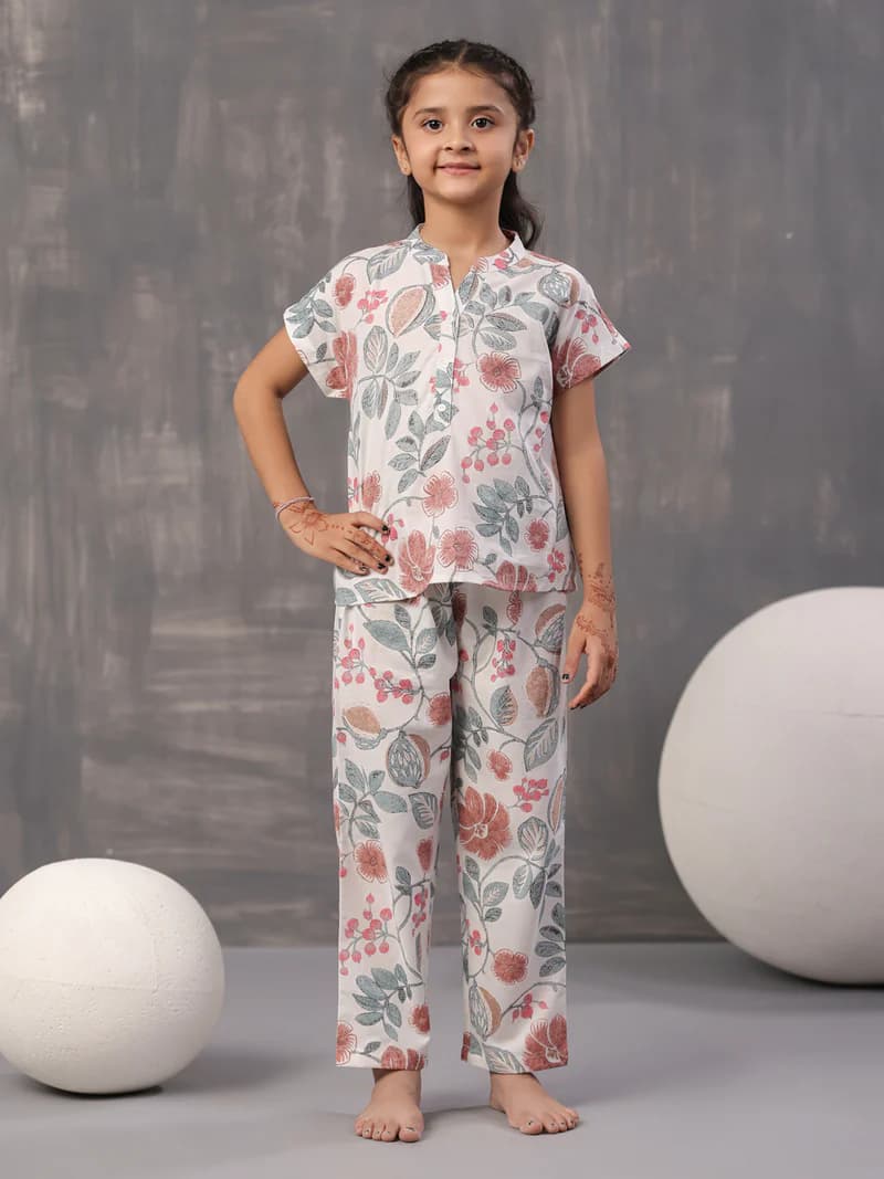 Multi Flower and Leaf Printed Cotton Kids Night Suits