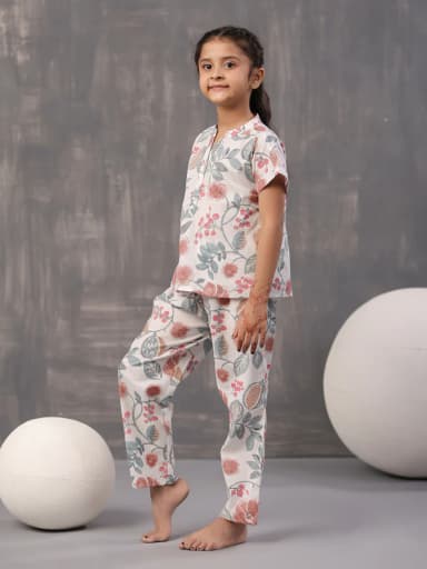 Multi Flower and Leaf Printed Cotton Kids Night Suits