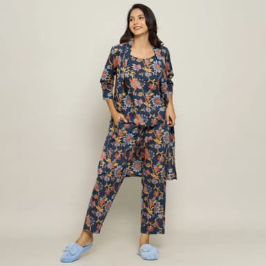 Blue Cotton Printed 3 PEICE Night Suit
