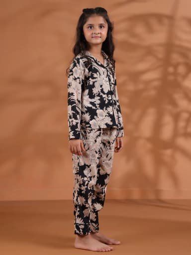 Black Floral Printed Cotton Night Suit for Kids