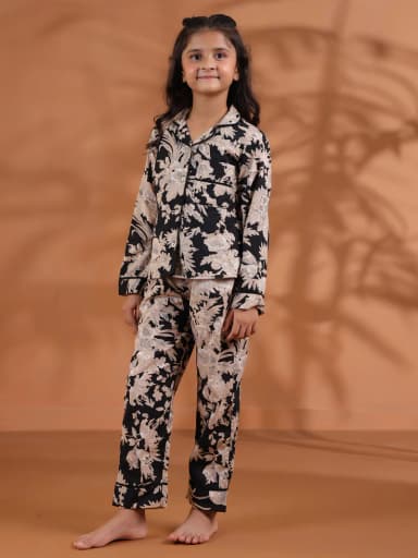 Black Floral Printed Cotton Night Suit for Kids