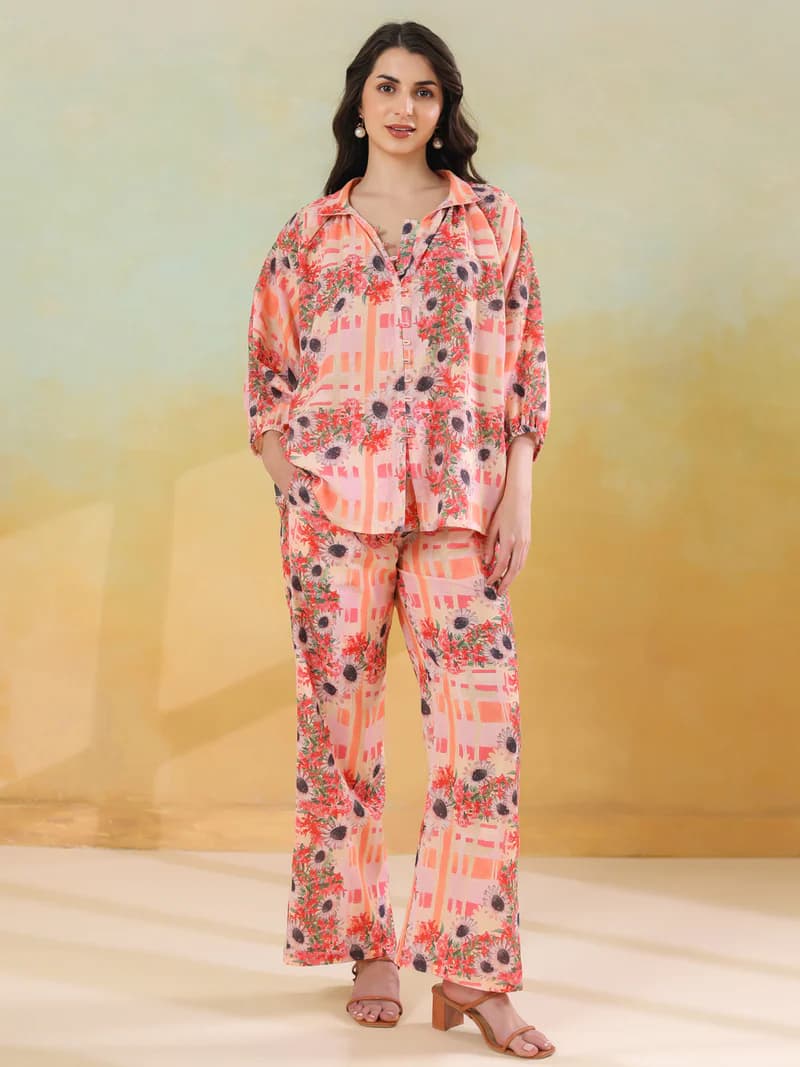 Red Linen Printed Shirt Collar Co-Ord Set for Women