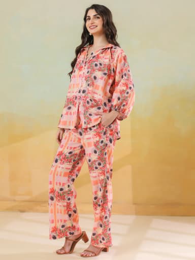 Red Linen Printed Shirt Collar Co-Ord Set for Women