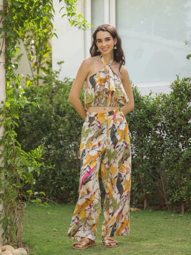 White Printed Cotton V-Neck Co-Ord Set for Women