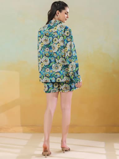Blue Floral Shirt Collar Co-Ord-Set for Women and Girls