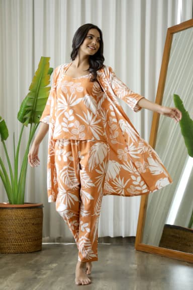 Orange Cotton Printed 3 PEICE Night Suit