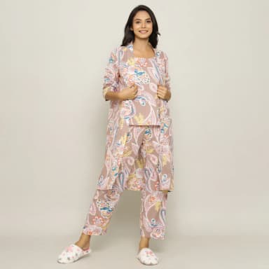 Paisley Cotton Printed 3 PEICE Night Suit Set