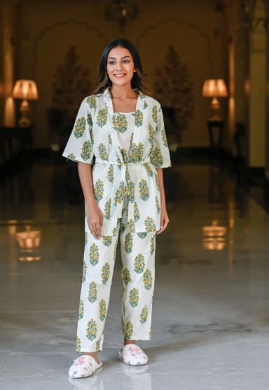White/Green Cotton Printed Night Suit Shrug Set
